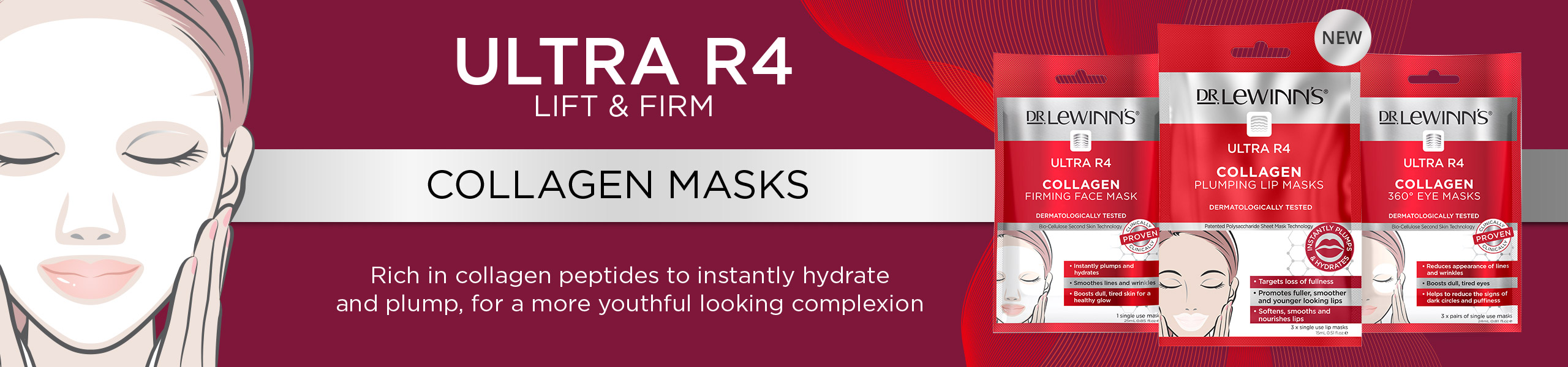 Ultra R4 Collagen Masks - Rich in collagen peptides to instantly hydrate and plump, for a more youthful looking complexion.